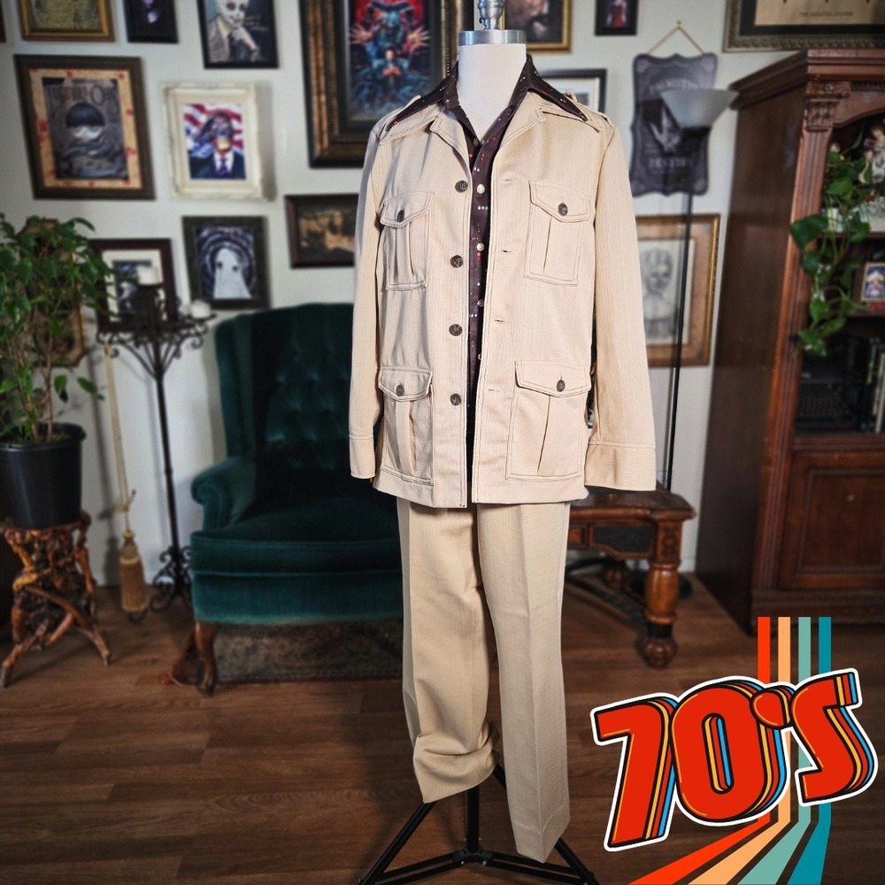 Vintage 70s Haband of Paterson Suit Two‎ Piece Leisure Set Jacket Trousers Tan
